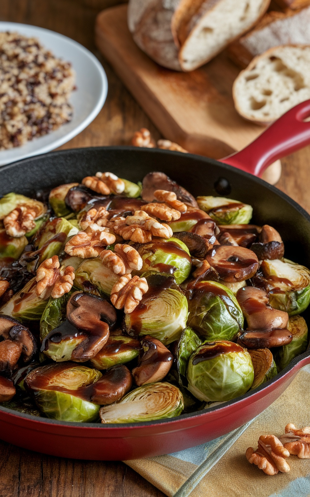 A hearty Brussels sprout and mushroom skillet with balsamic glaze and walnuts, served with quinoa and bread.